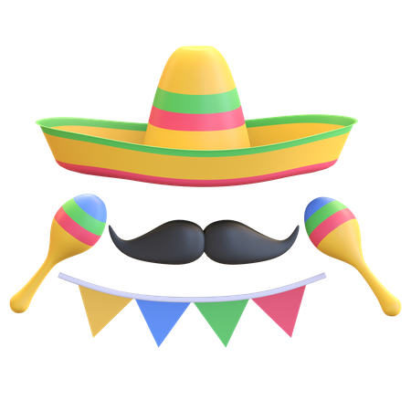 Sombrero hat and mustache  3D Illustration