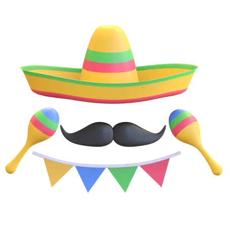 Sombrero hat and mustache  3D Illustration