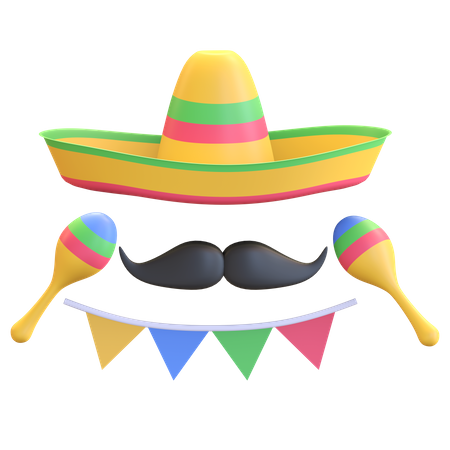 Sombrero hat and mustache 3D Illustration