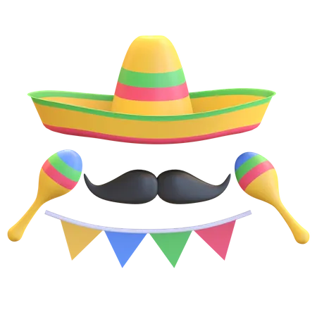 Sombrero hat and mustache 3D Illustration