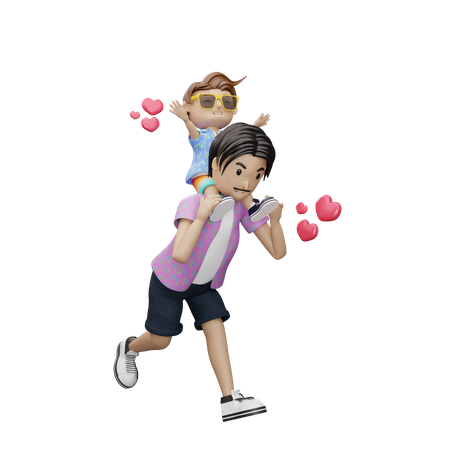 Son enjoying sitting on fathers neck  3D Illustration