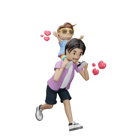 Son enjoying sitting on fathers neck  3D Illustration