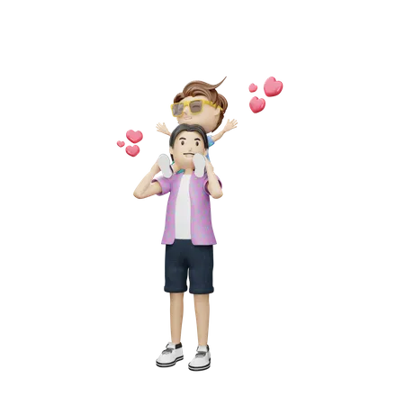 Son riding on fathers neck  3D Illustration