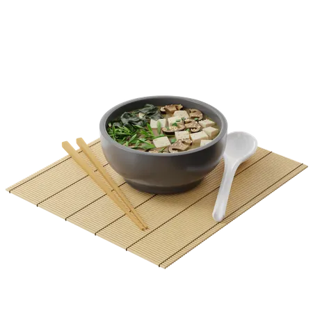 Sopa Miso Japonesa 3 D Com Tofu Shiitake Wakame Em Um Prato Redondo Em Um Tapete De Bambu 3D Illustration