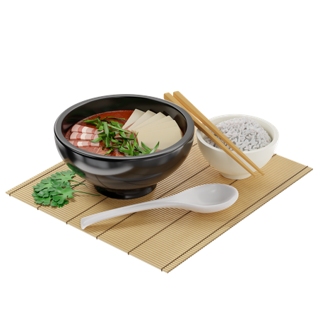 Sopa coreana tradicional Kimchi com carne e guarnecida com tofu e cebolinha  3D Illustration