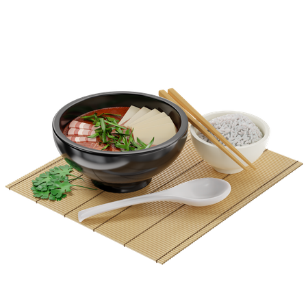 Sopa tradicional coreana Kimchi con carne y aderezado con tofu y cebollas verdes  3D Illustration