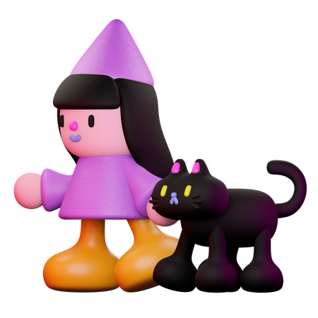 Sorcière et chat marchant  3D Illustration