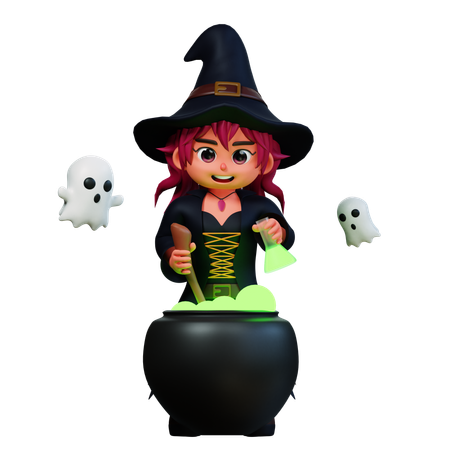 Fille sorcière avec pot de potion  3D Illustration