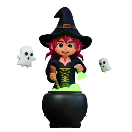 Fille sorcière avec pot de potion  3D Illustration