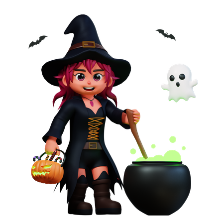 Fille sorcière avec pot de potion  3D Illustration