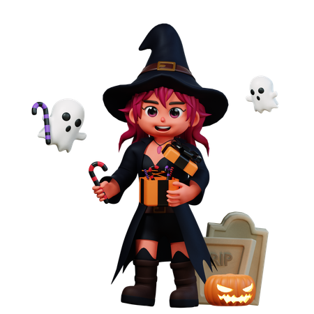 Fille sorcière tenant un cadeau d'Halloween  3D Illustration