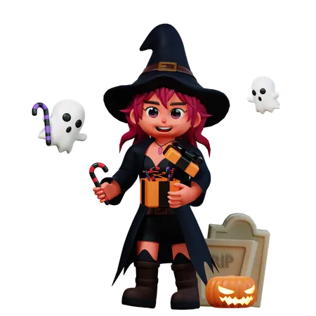 Fille sorcière tenant un cadeau d'Halloween  3D Illustration