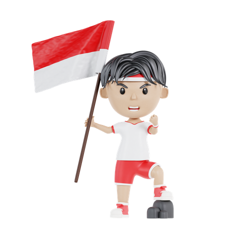 Homme indonésien sorti tenant le drapeau indonésien  3D Illustration