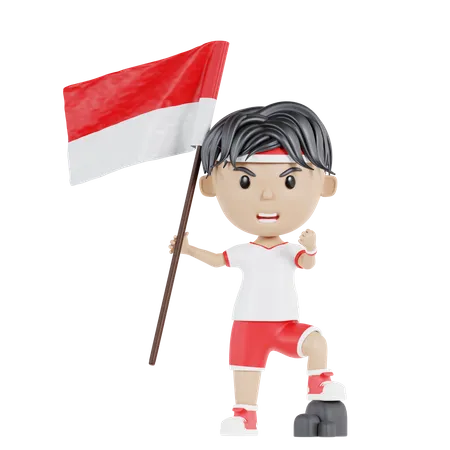 Homme indonésien sorti tenant le drapeau indonésien  3D Illustration