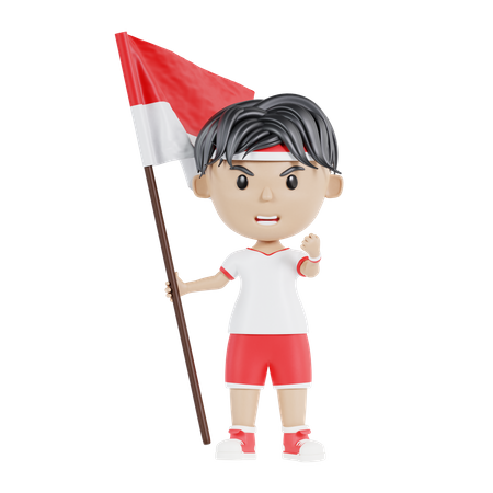 Garçon indonésien sorti tenant le drapeau indonésien  3D Illustration