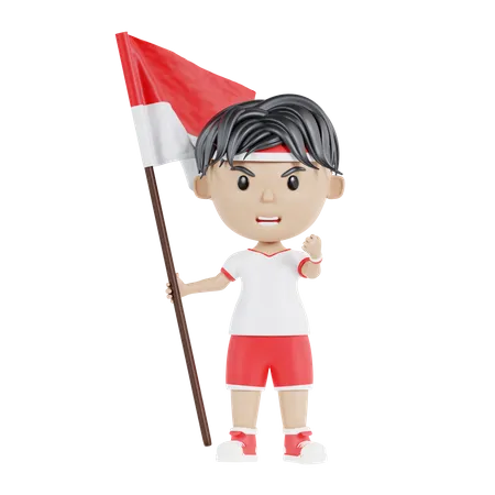 Garçon indonésien sorti tenant le drapeau indonésien  3D Illustration