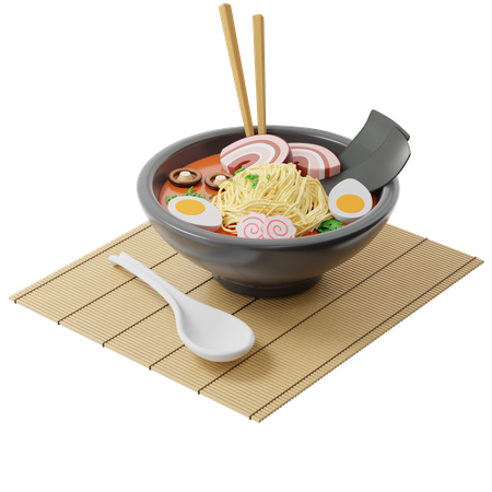 Soupe japonaise Ramen dans une assiette ronde sur une natte de bambou  3D Illustration
