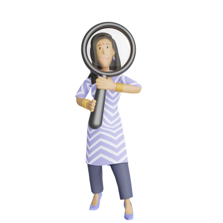 South indian business woman with magnifier 3D Illustration