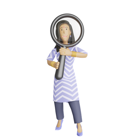 South indian business woman with magnifier  3D Illustration