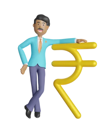 South Indian businessman leaning on Indian currency symbol rupee 3D Illustration