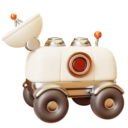 3 D Cute Cartoon Futuristic Architecture Space Car Observation In Planet With Satellite Disk Orbiting The Earth Communication Optical Device To Explore Discover Galaxy Cosmos Space Science Fiction And Comic Galaxy Space Concept 3D Icon