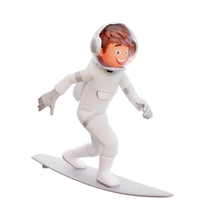 Spaceman doing surfing using surfboard 3D Illustration