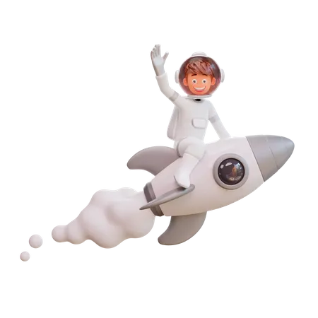 Spaceman Flying Rocket  3D Illustration