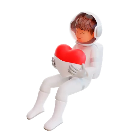 Spaceman holding heart balloon  3D Illustration