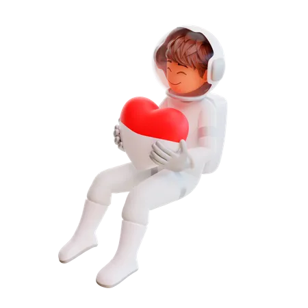 Spaceman holding heart balloon 3D Illustration