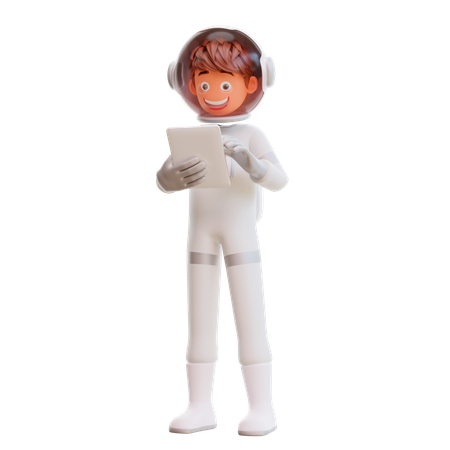 Spaceman Holding Tablet Device  3D Illustration