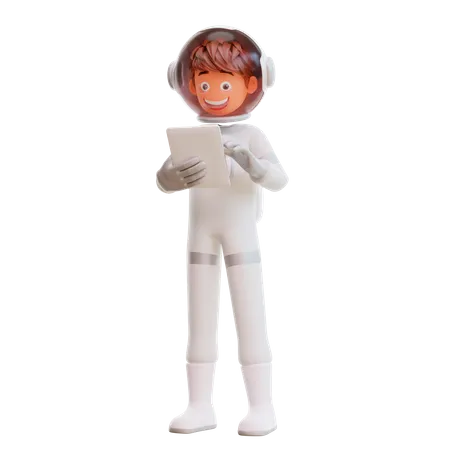 Spaceman Holding Tablet Device  3D Illustration