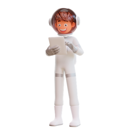 Spaceman Holding Tablet Device 3D Illustration