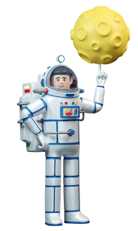 Spaceman in spacesuit twirls the moon on his finger  3D Illustration