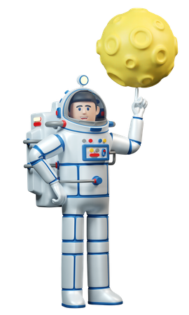 Spaceman in spacesuit twirls the moon on his finger 3D Illustration