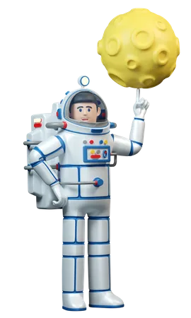 Spaceman In Spacesuit Twirls The Moon On His Finger And Smiling Astronaut And Planet With Craters Cartoon 3D Illustration