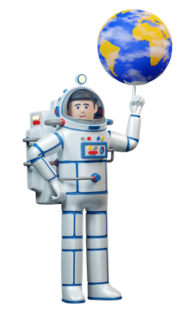 Spaceman twirls the planet earth on his finger  3D Illustration