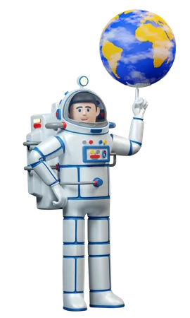 Spaceman twirls the planet earth on his finger  3D Illustration