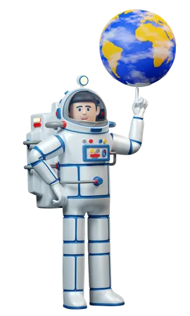 Spaceman twirls the planet earth on his finger 3D Illustration