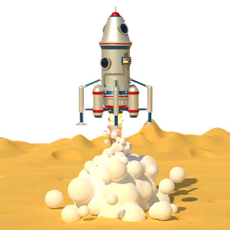 Spaceship Start From Moon Surface  3D Illustration