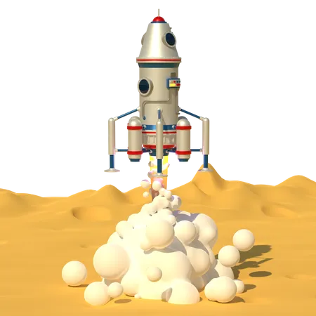 Spaceship Start From Moon Surface  3D Illustration