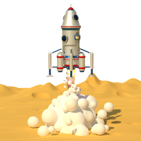 Spaceship Start From Moon Surface 3D Illustration
