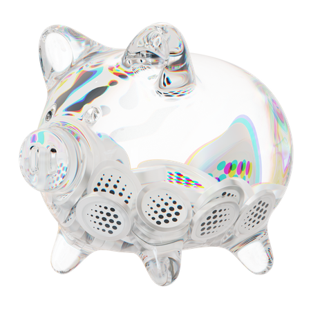 Sparschwein aus klarem Glas mit abnehmendem Stapel an Kryptomünzen  3D Icon