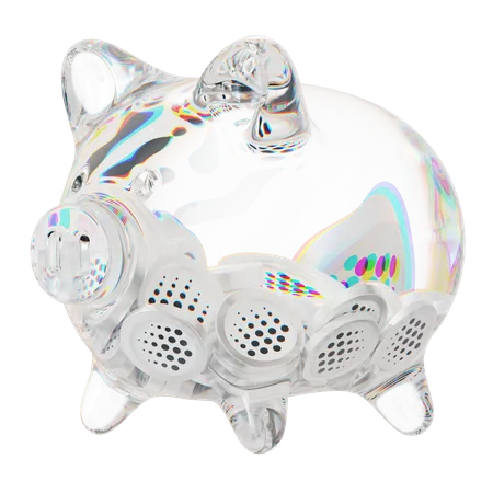 Sparschwein aus klarem Glas mit abnehmendem Stapel an Kryptomünzen  3D Icon