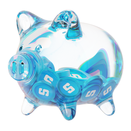 Sparschwein aus sandklarem Glas mit abnehmendem Stapel an Kryptomünzen  3D Icon