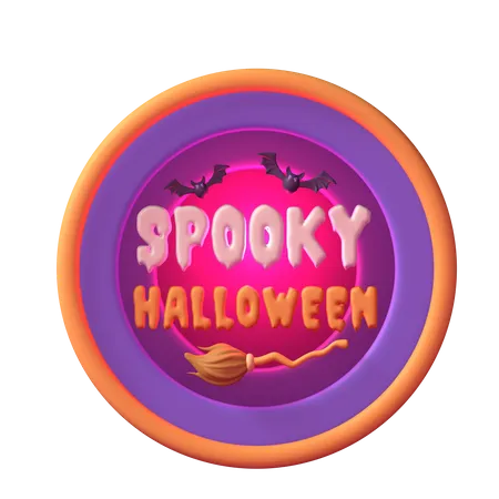 Elevate Your Halloween Themed Creations With Our 3 D Spooky Halloween Badge Featuring A Sinister Bat And A Witchs Broom 3D Icon