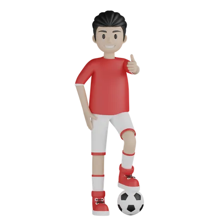Sport boy showing thumb up and get ready for kicking football 3D Illustration