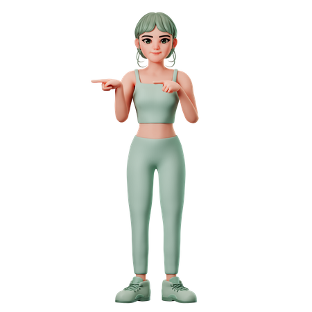 Fille de sport pointant vers le côté gauche avec les deux mains  3D Illustration