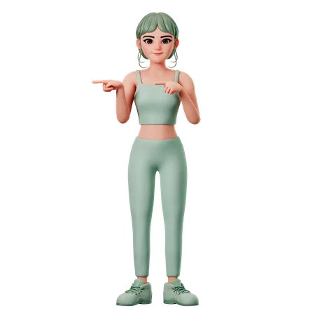 Fille de sport pointant vers le côté gauche avec les deux mains  3D Illustration