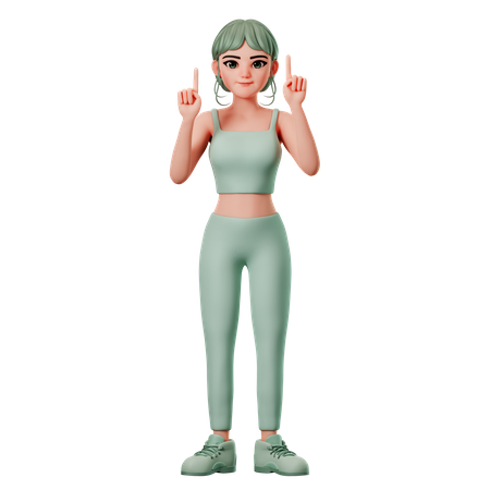 Fille de sport pointant vers le haut avec les deux mains  3D Illustration