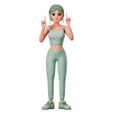 Fille de sport pointant vers le haut avec les deux mains  3D Illustration